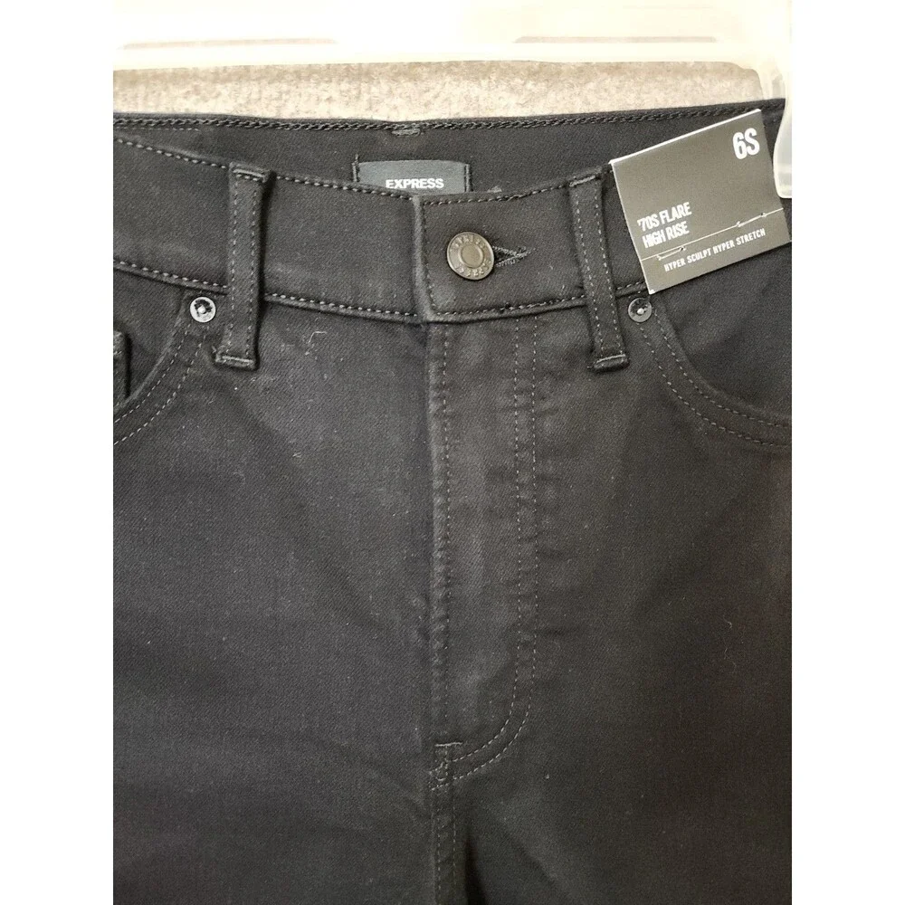 Express 70s Flare Jeans Womens 6 Short Black Hyper Sculpt Stretch NEW